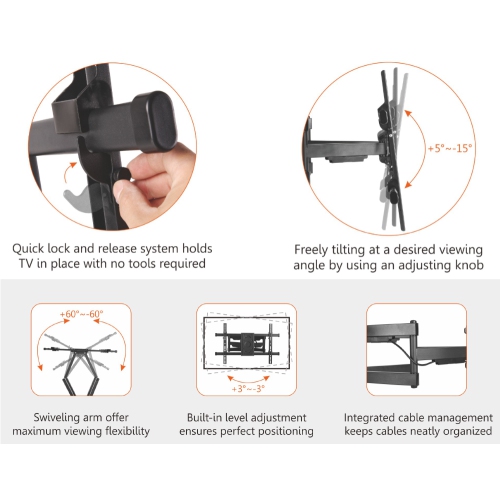 HYFAI Full Motion TV Wall Mount Bracket for Flat and Curved LCD/LEDs - Fits Sizes 50 to 90 inches - Maximum VESA 800x600