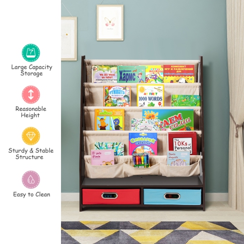 Topbuy Espresso Book Rack Kids Toys Organizer Shelves With 4 Sling Bookshelf And 2 Boxes