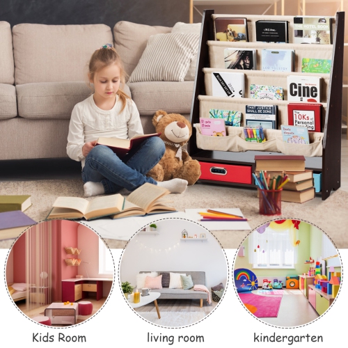 Topbuy Espresso Book Rack Kids Toys Organizer Shelves With 4 Sling Bookshelf And 2 Boxes