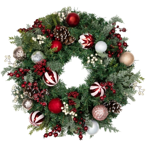 Couronne de Noël en pin artificiel et ornements de pommes de pin - non éclairé - 28 po