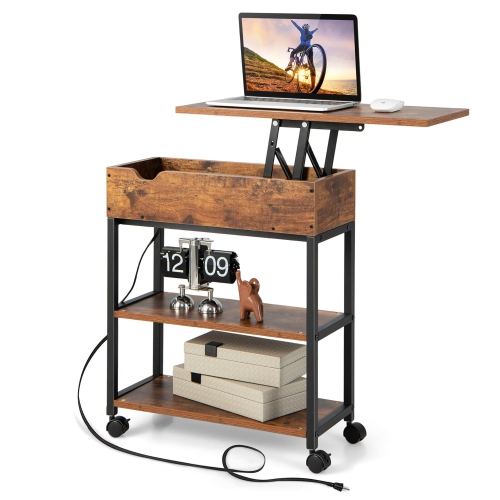 GYMAX  Lift Top End Table W/ Charging Station Storage Shelves Wheels Mobile Bedside