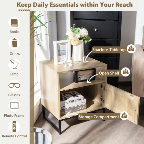 Gymax 2PCS Nightstand w/ Cabinet Wooden Side End Table Rattan Decorated Door Oak