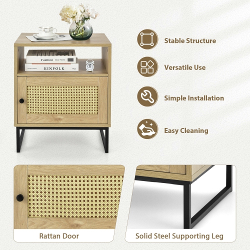 Gymax 2PCS Nightstand w/ Cabinet Wooden Side End Table Rattan Decorated Door Oak