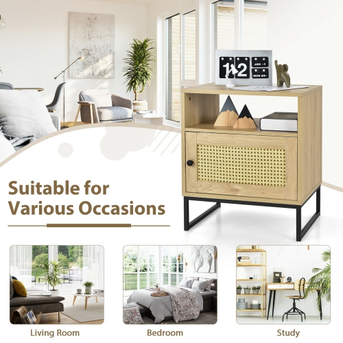 Gymax 2PCS Nightstand w/ Cabinet Wooden Side End Table Rattan Decorated Door Oak