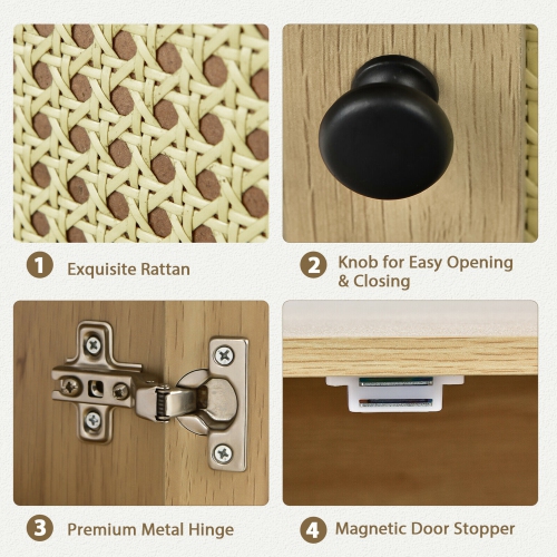 Gymax 2PCS Nightstand w/ Cabinet Wooden Side End Table Rattan Decorated Door Oak