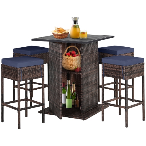Ensemble de bar de patio 5PCS Gymax, Ensemble de meubles de bar en rotin avec table et 4 tabourets rembourrés, Marine