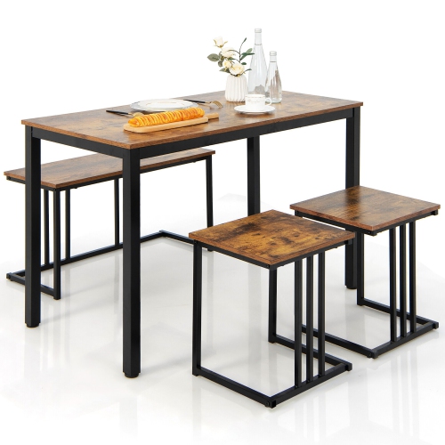 GYMAX  4-Piece Dining Table Set Industrial Kitchen Table Set W/ Bench & 2 Stools for 4