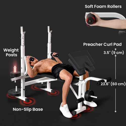 Soozier Adjustable Weight Bench with Squat Rack, Preacher Curl Pad, Leg Developer, Butterfly, and Weight Storage, Multi-Function Bench Press Set for