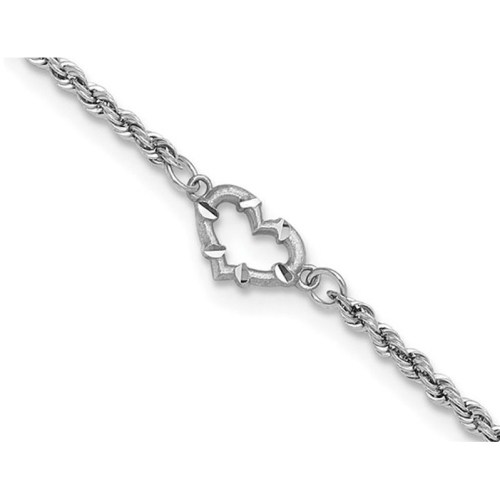 14K White Gold Diamond-Cut Rope Chain Heart Anklet 10 Inches