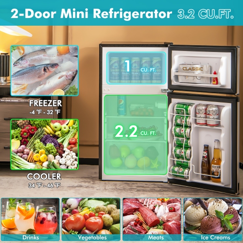 Costway 3.2 Cu.Ft Mini Top Freezer Refrigerator Compact Fridge Silver