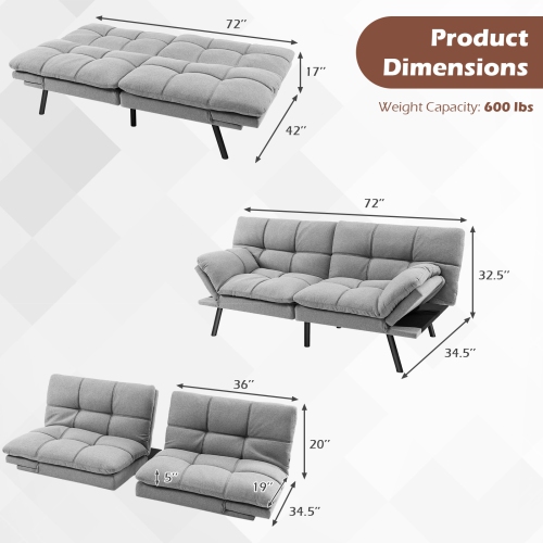 Costway Convertible Futon Sofa Bed Memory Foam Couch Sleeper with Adjustable Armrest Grey/Brown/Black