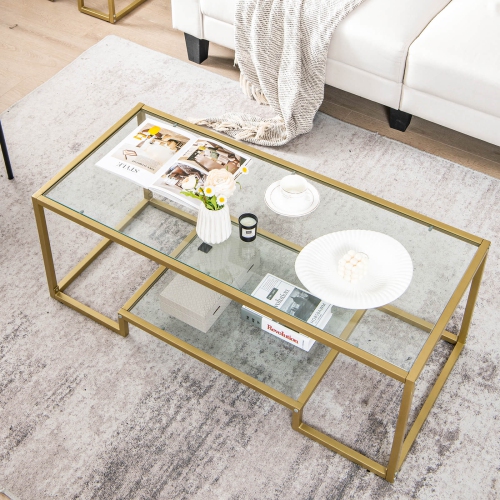 Costway 45" Coffee Table Rectangular Tempered Glass Accent Table W/ Shelf Living Room