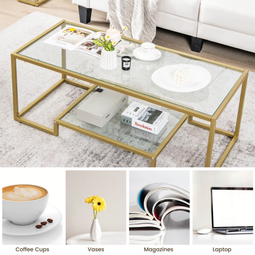 Costway 45" Coffee Table Rectangular Tempered Glass Accent Table W/ Shelf Living Room