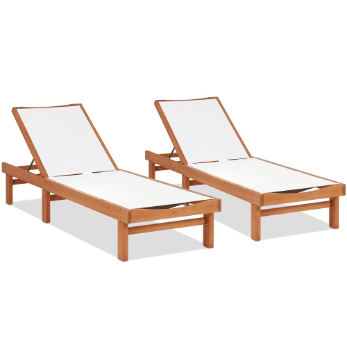 TOPBUY  1PC/2PCs Outdoor Chaise Lounge Chair, Eucalyptus Wood Recliner W/ 5-Level Backrest, Breathable & Quick Drying Seat Fabric