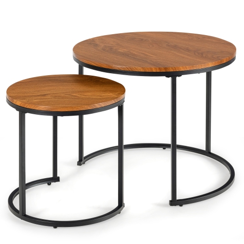 TOPBUY  2PCs Stacking Metal Legs Modern Side Round Nesting Coffee Table W/ Wooden Tabletop for Living Room Rustic Brown/brown