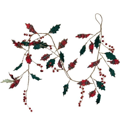 NORTHLIGHT  5' Green And Plaid Holly With Jingle Bells Christmas Garland - Unlit In Red