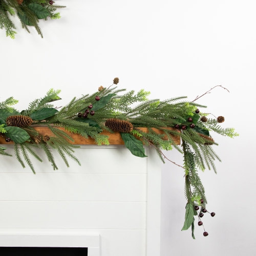 6' Mixed Foliage with Pine Cones and Berries Christmas Garland, Unlit
