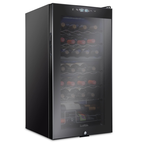 Ivation 28 Bottle Freestanding Wine Fridge with Lock, Dual Zone Wine Cooler, Black