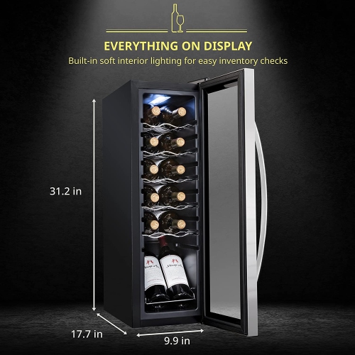 Schmecke 12 Bottle Freestanding Wine Fridge, Wine Cooler with Lock, Stainless Steel