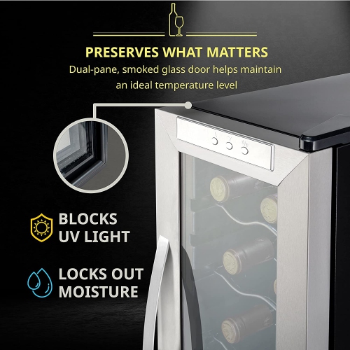Schmecke 12 Bottle Freestanding Wine Fridge, Wine Cooler with Lock, Stainless Steel