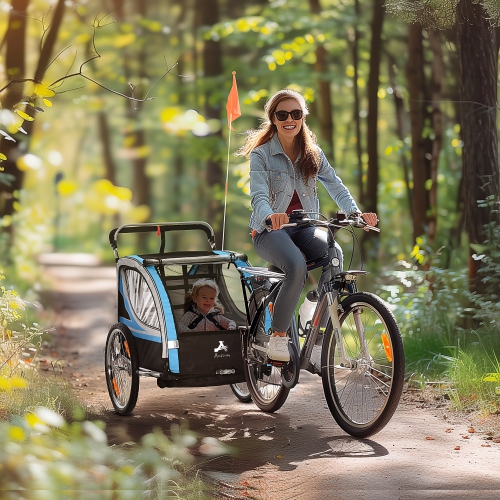 Remorque de vélo à 2 sièges pour poussette de jogging double 2-en-1 pour enfants avec frein à main, roues en caoutchouc, harnais à 5 points, housse