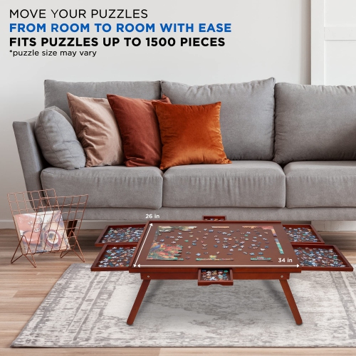 Jumbl 1500 Piece Puzzle Board, 27” x 35” Jigsaw Puzzle Table with 6 Trays and Legs, Brown