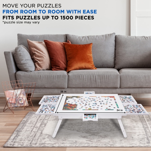 Casse-tête Jumbl de 1500 pièces, 27" x 35" Table de casse-tête avec 6 plateaux et pattes, blanc