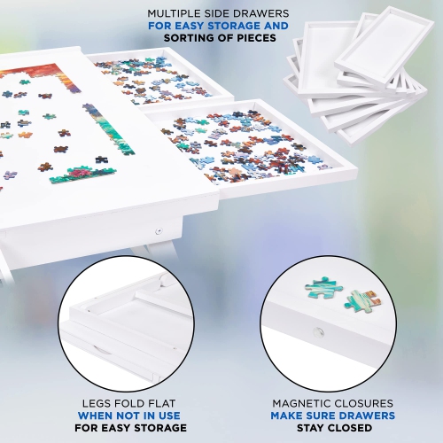 Casse-tête Jumbl de 1500 pièces, 27" x 35" Table de casse-tête avec 6 plateaux et pattes, blanc