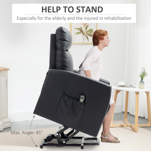 HOMCOM Electric Power Lift Chair for Elderly, PU Leather Power Recliner chair for Living Room with Footrest, Remote Control, Side Pocket, Black