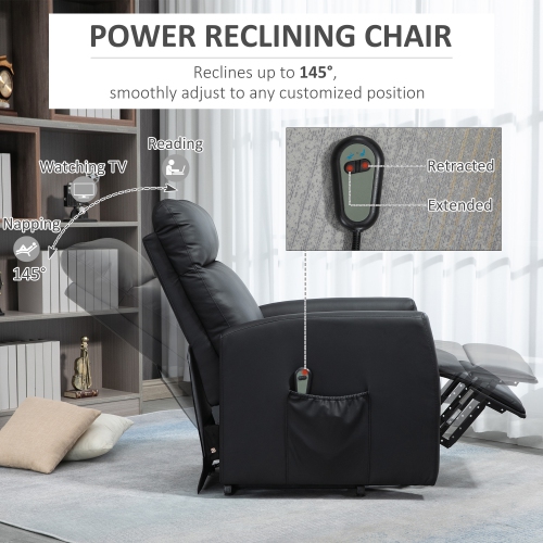 HOMCOM Electric Power Lift Chair for Elderly, PU Leather Power Recliner chair for Living Room with Footrest, Remote Control, Side Pocket, Black