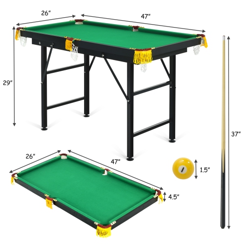 Topbuy 47" Pool Table Set for Kids Foldable Billiard Table for Home and School Green