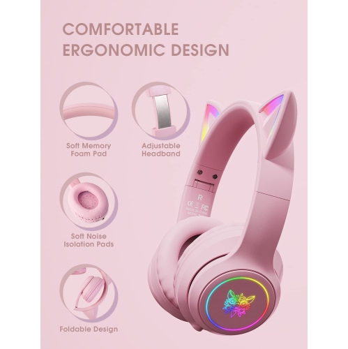 ULTREND Bluetooth Kids Wireless Foldable Over-Ear Headphones with Microphone, Cat Ear LED Light Up and 85dB Volume, for iPhone/iPad/Laptop/PC