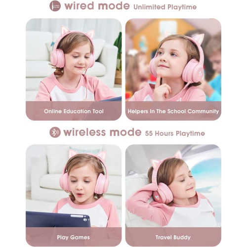 ULTREND Bluetooth Kids Wireless Foldable Over-Ear Headphones with Microphone, Cat Ear LED Light Up and 85dB Volume, for iPhone/iPad/Laptop/PC