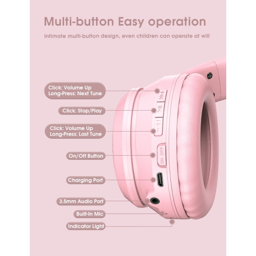 ULTREND Bluetooth Kids Wireless Foldable Over-Ear Headphones with Microphone, Cat Ear LED Light Up and 85dB Volume, for iPhone/iPad/Laptop/PC