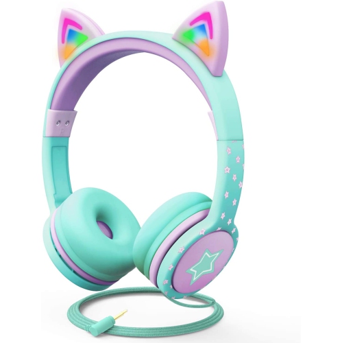 Écouteurs LED Cat Ears pour enfants, casque filaire intra-auriculaire de 3,5 mm avec câbles lacés pour smartphones, PC et ordinateur portable -