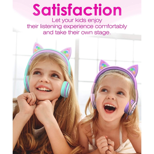 Écouteurs LED Cat Ears pour enfants, casque filaire intra-auriculaire de 3,5 mm avec câbles lacés pour smartphones, PC et ordinateur portable -
