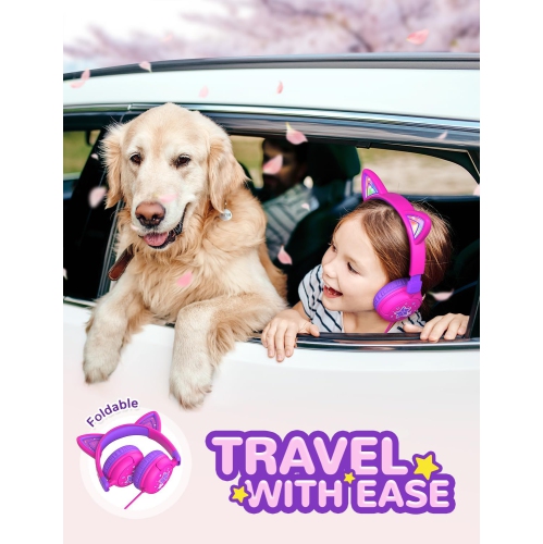 Casque pour enfants avec oreilles de chat LED, casque filaire intra-auriculaire de 3,5 mm avec câbles lacés pour smartphones, PC, tablette et