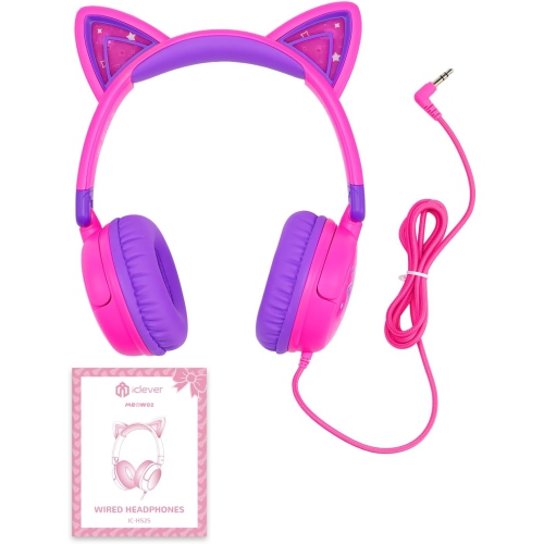 Casque pour enfants avec oreilles de chat LED, casque filaire intra-auriculaire de 3,5 mm avec câbles lacés pour smartphones, PC, tablette et