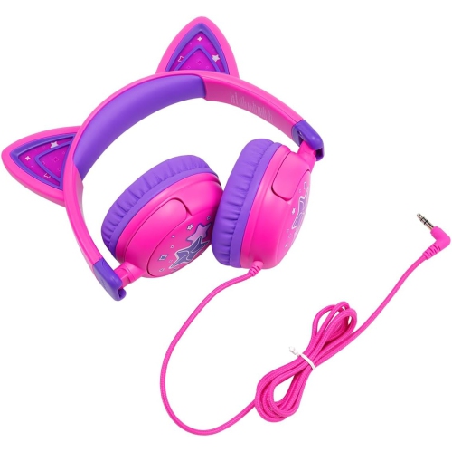 Casque pour enfants avec oreilles de chat LED, casque filaire intra-auriculaire de 3,5 mm avec câbles lacés pour smartphones, PC, tablette et