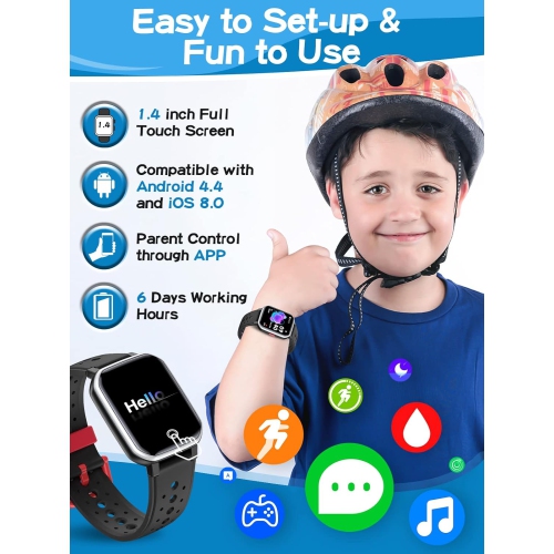 ULTREND Smart Watch for Kids, Fitness Activity Tracker, 1.44" touch screen, 5 Built-in games, IP68 waterproof, and 20 sports modes.