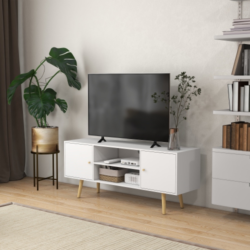 HOMCOM TV Stand Cabinet for TVs up to 55 Inches, Entertainment Unit with Storage Shelves and Wood Legs for Living Room, White
