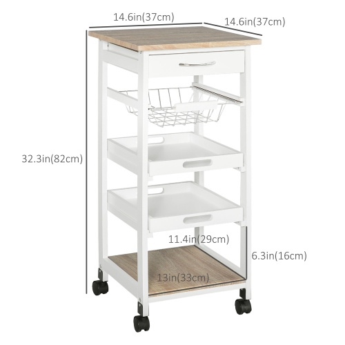 HOMCOM Bar Cart, 5-Tier Kitchen Cart with Removable Serving Tray, Rolling Coffee Cart on Wheels with Drawer and Wire Basket for Dining Room, Living