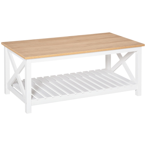 Image 1 de 9.. HOMCOM – Table basse à 2 niveaux Farmhouse, table centrale avec tablette de rangement inférieure à lattes et cadre en X pour le salon, 45,7 x 23,6 x