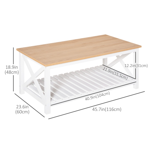 HOMCOM Farmhouse 2-Tier Coffee Table, Center Table with Slatted Bottom Storage Shelf and X Bar Frame for Living Room, 45.7" x 23.6" x 18.9", White