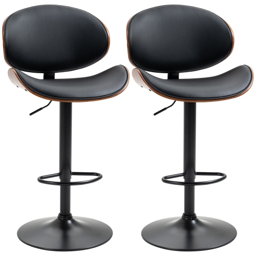 HOMCOM Bar Stools Set of 2, Modern Adjustable Swivel Barstools, PU Leather Bar Chairs with Curved Back, Footrest and Steel Base, Black