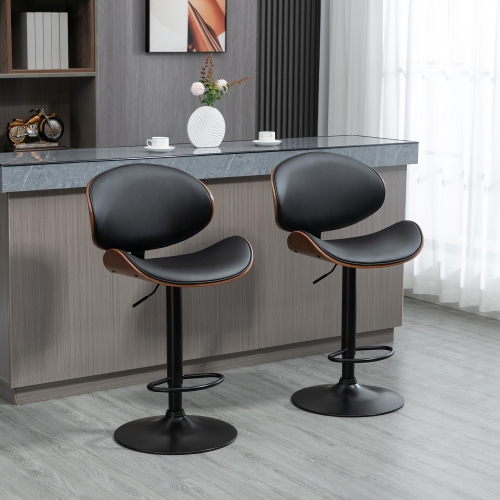 HOMCOM Bar Stools Set of 2, Modern Adjustable Swivel Barstools, PU Leather Bar Chairs with Curved Back, Footrest and Steel Base, Black