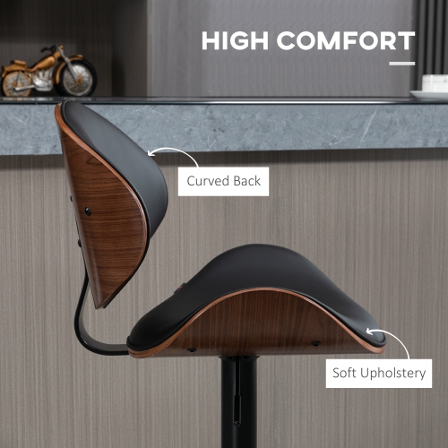 HOMCOM Bar Stools Set of 2, Modern Adjustable Swivel Barstools, PU Leather Bar Chairs with Curved Back, Footrest and Steel Base, Black