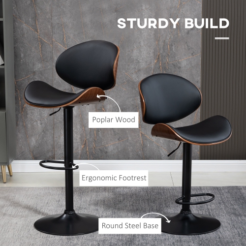 HOMCOM Bar Stools Set of 2, Modern Adjustable Swivel Barstools, PU Leather Bar Chairs with Curved Back, Footrest and Steel Base, Black