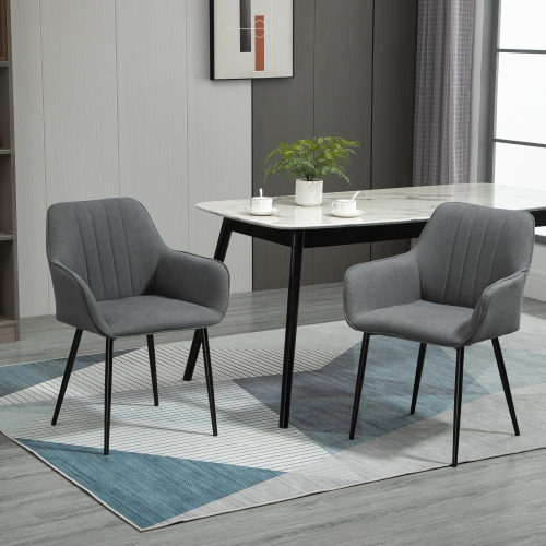 HOMCOM Dining Chairs Set of 2, Upholstered Kitchen Chairs, Linen Fabric Accent Arm Chairs with Metal Legs, Dark Grey