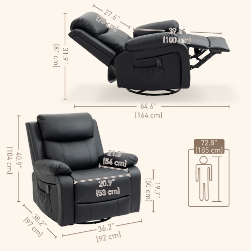 Fauteuil de massage inclinable de HOMCOM, fauteuil berçant pivotant pour salon, canapé inclinable manuel en cuir PU avec télécommande et pochettes